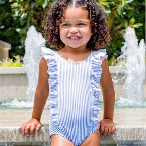 RUFFLE BUTT Periwinkle Blue,White Striped Seersucker Lined 1 Piece Swimsuit